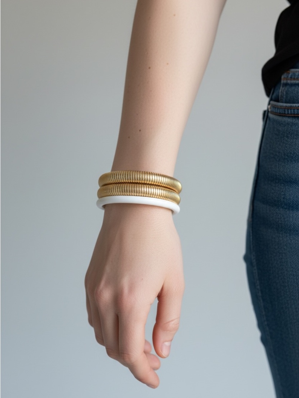 10/2 Gold and White Stackable Coil Bracelet Set - Women Accessories